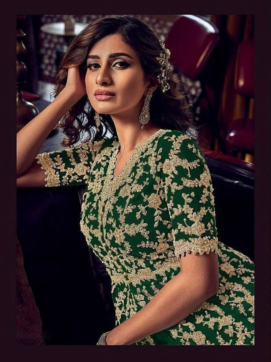 Green Heavy Embroidery Net Butterfly Work Plazzo Dress