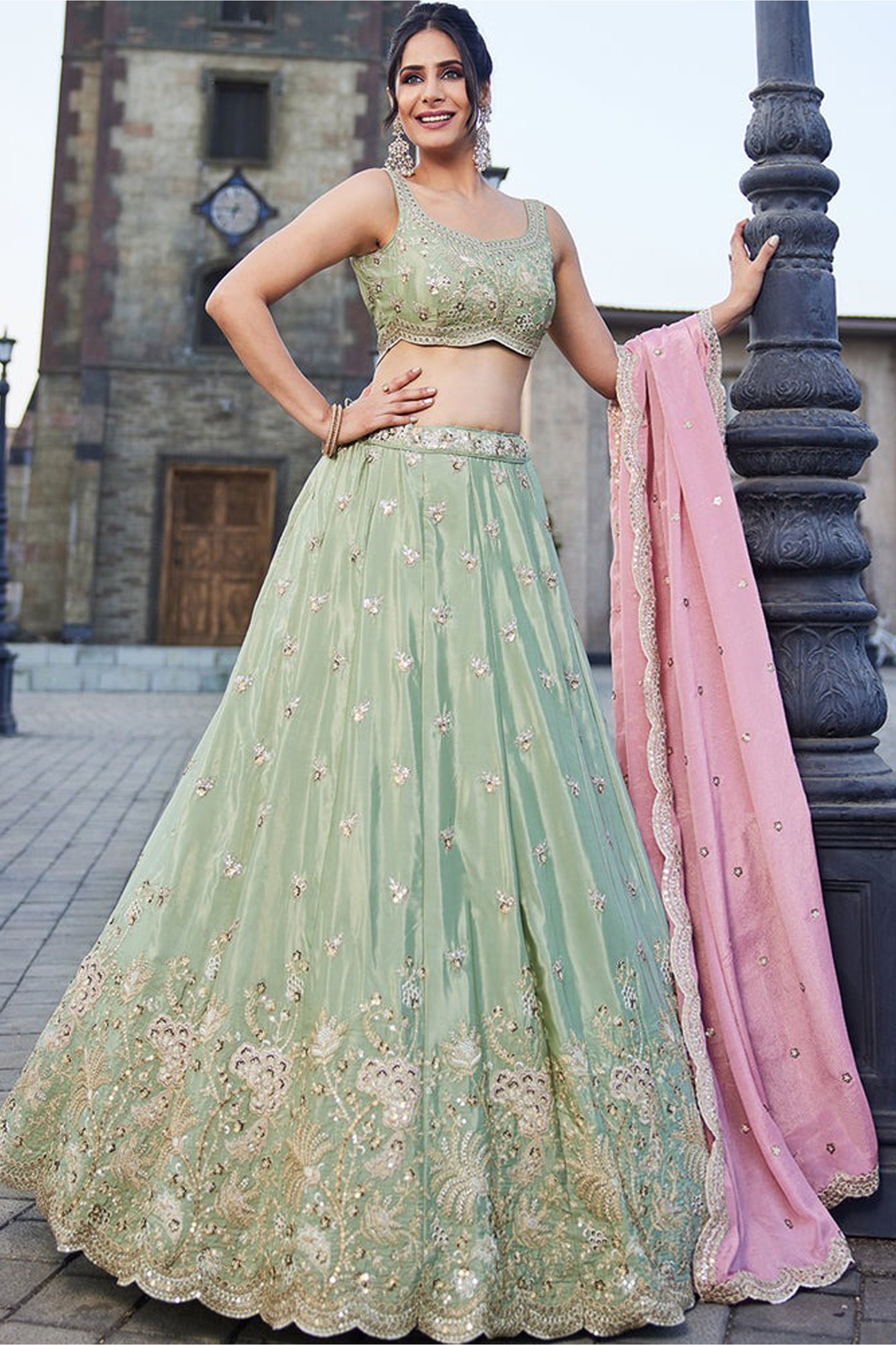 Roka Nikah Wear Pakistani Indian Outfit Embroidery Work Lehenga Choli Suit With Chiffon Dupatta