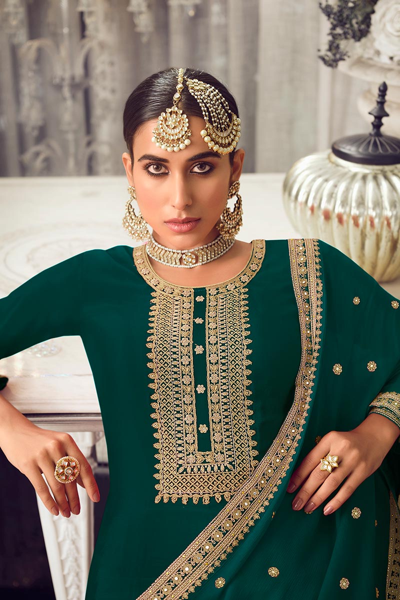 Trendy Green Color Salwar Kameez Plazzo Suit With Embroidery Work For Religious Ceremonies