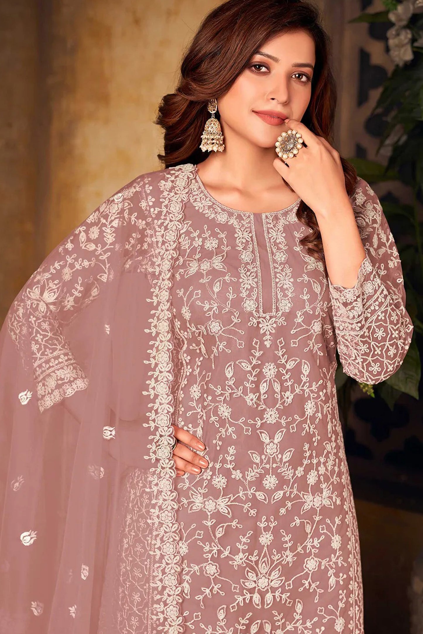 Pink Color Net With Coding Palazzo Suit For Indian Wedding-Reception