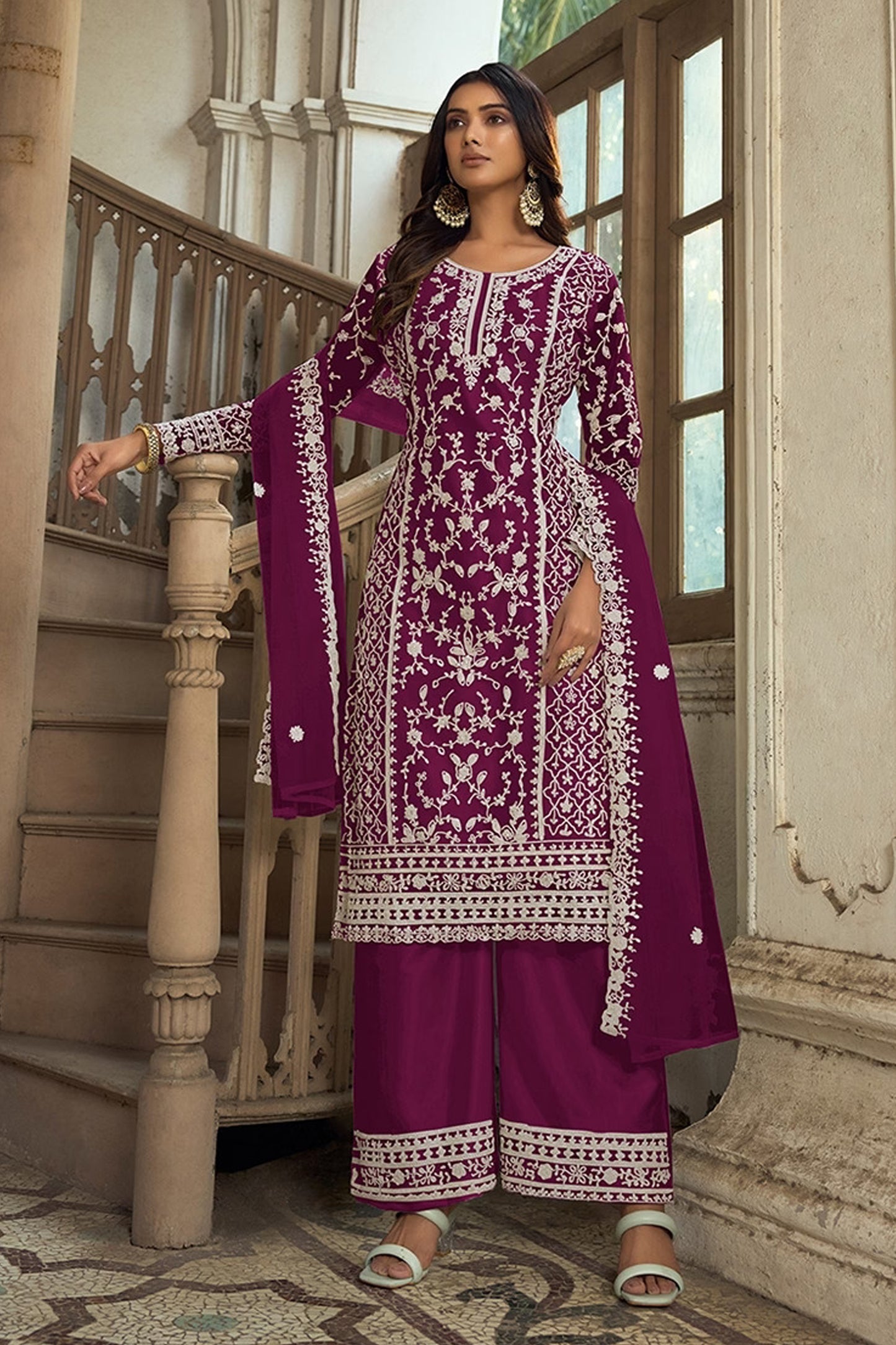 Purple Butterfly Net Palazzo Suit With Dupatta For Wedding-Reception