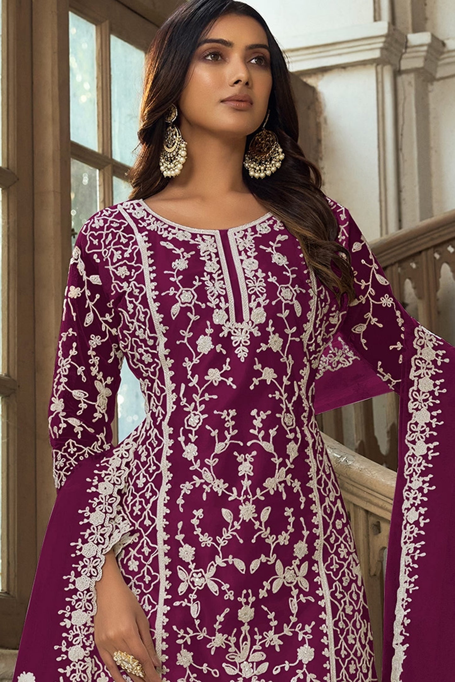 Purple Butterfly Net Palazzo Suit With Dupatta For Wedding-Reception