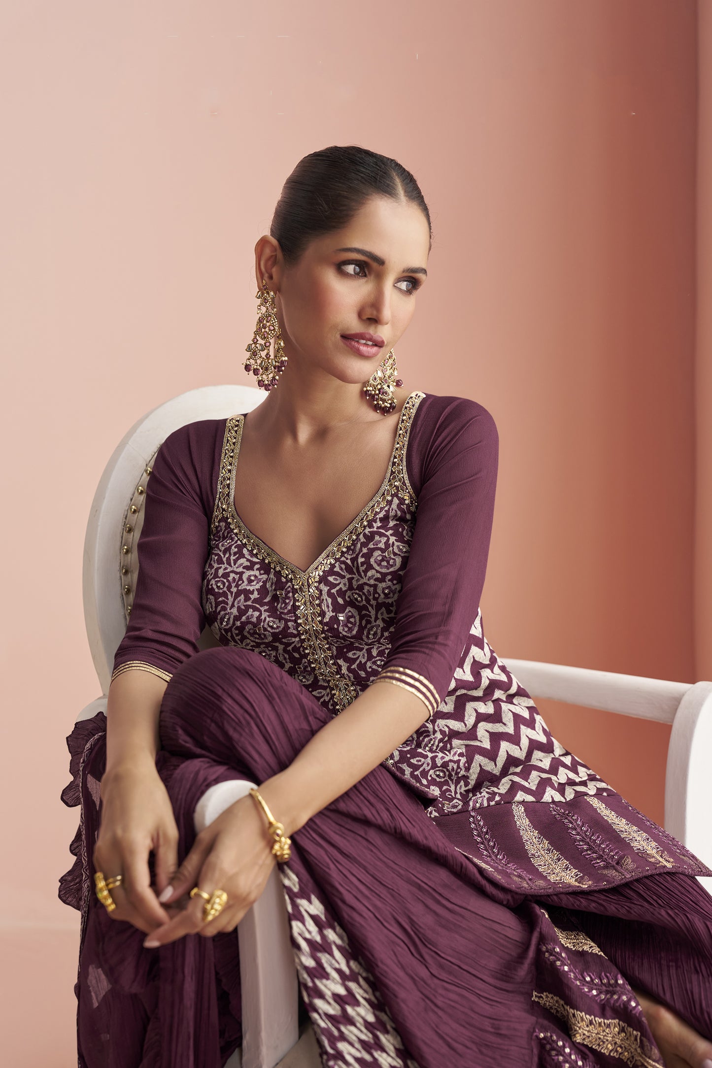 Designer Mauve Purple Color Salwar Kameez Palazzo with Embroidered Dupatta