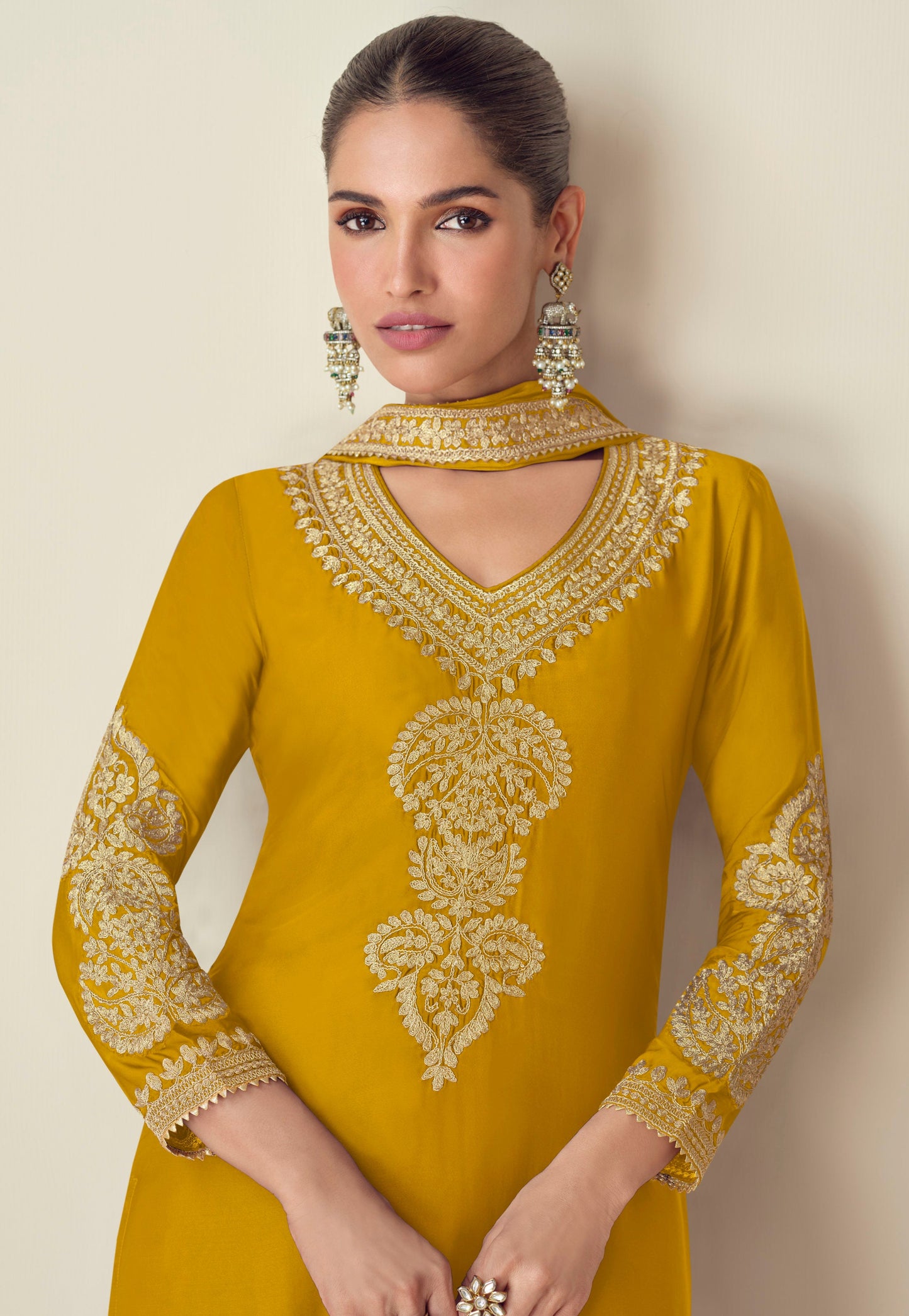 New Style Yellow Color Embroidery Work Plazzo Dress With Dupatta