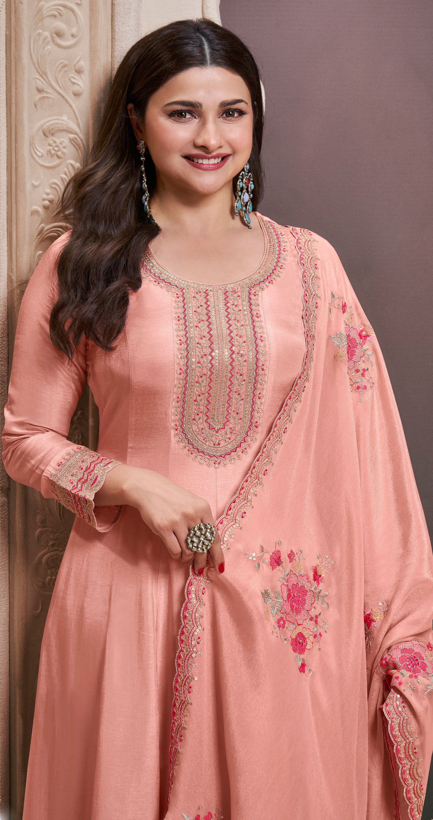 Elegant Peach Georgette Anarkali Gown Suit for Wedding Special