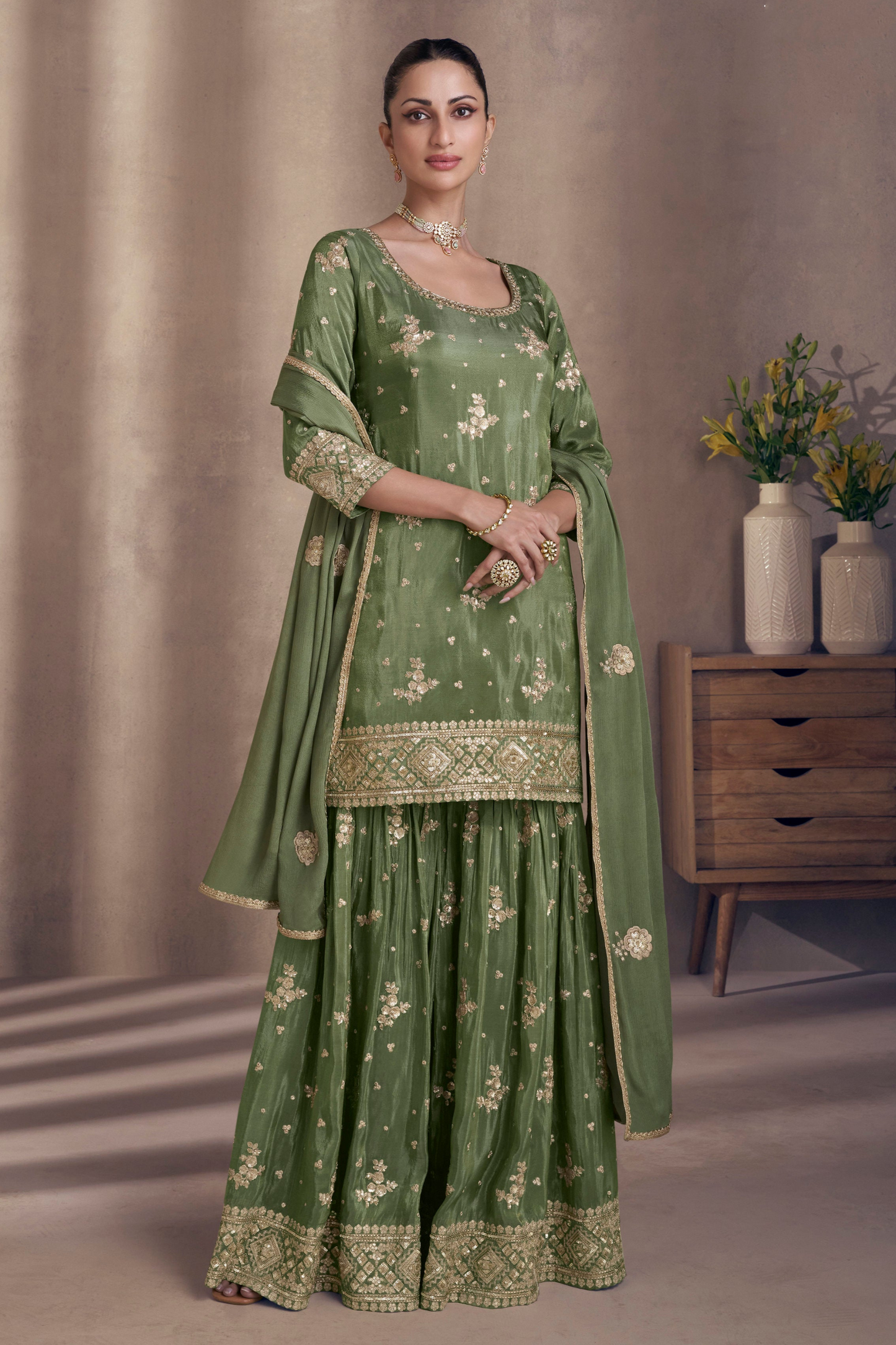 Olive Green Sharara Dupatta Set - Traditional Indian Wedding Attire