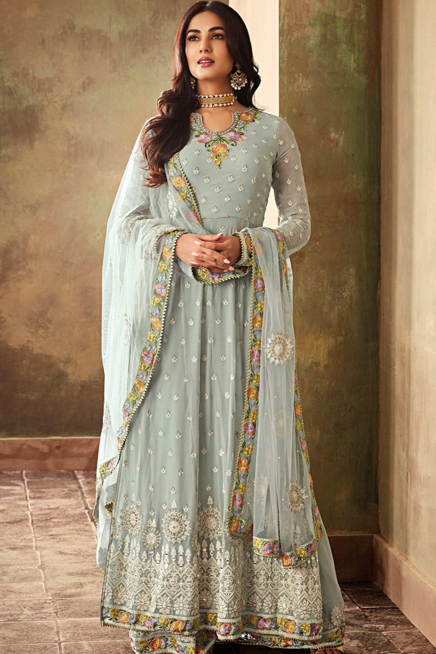 Sky Blue Georgette Plus Size Palazzo For Party-Wedding-Reception