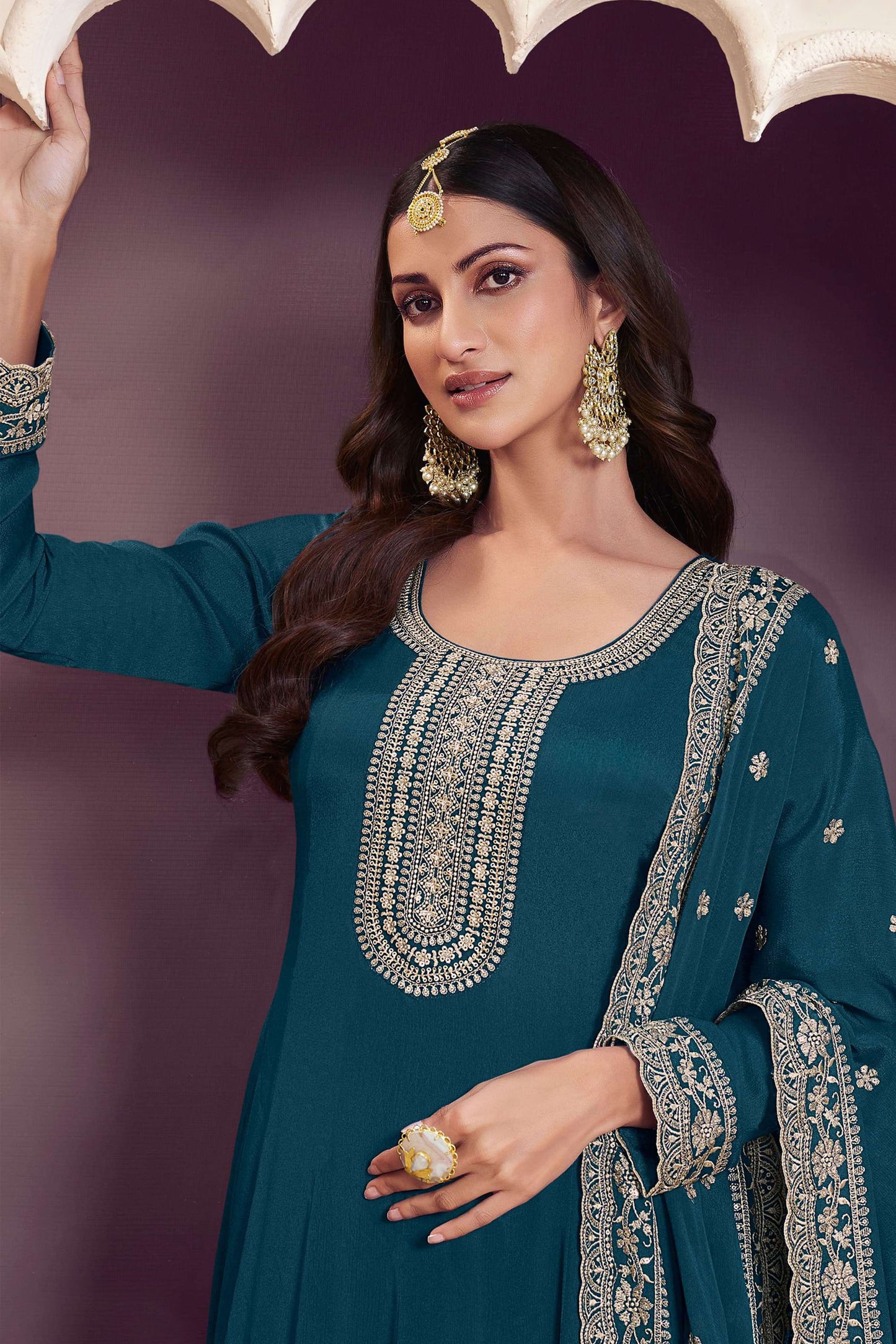New Teal Blue Designer Embroidered Indian Traditional Anarkali Gown