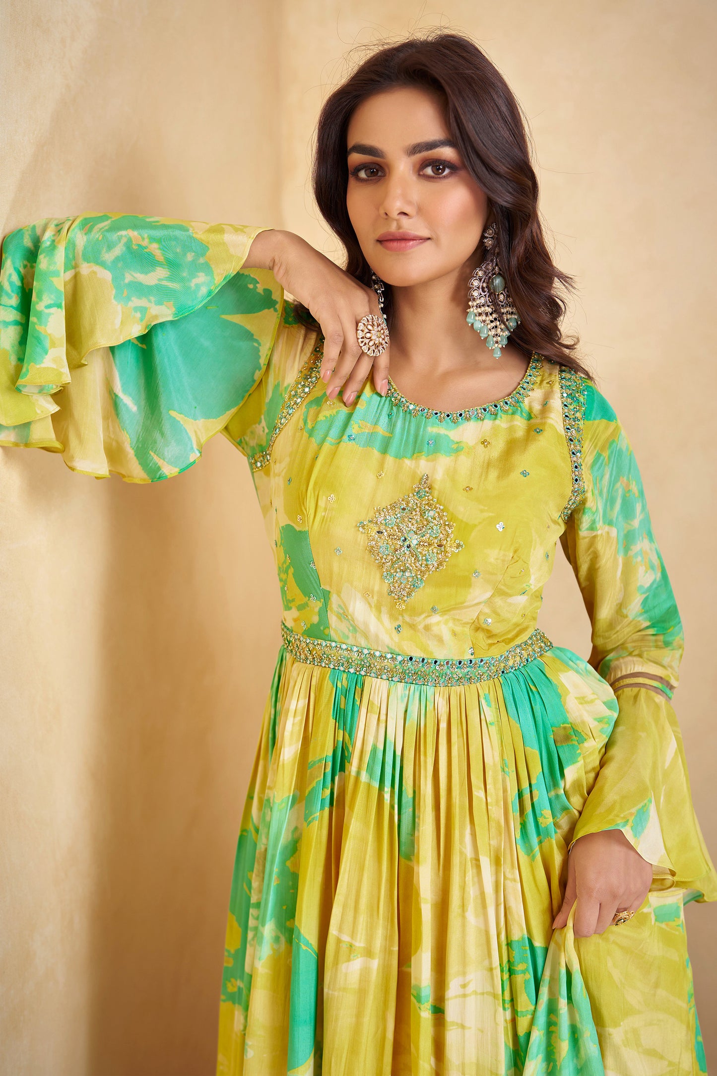 Yellow Chinon Silk Short Flower Printed Anarkali Dupatta Gown