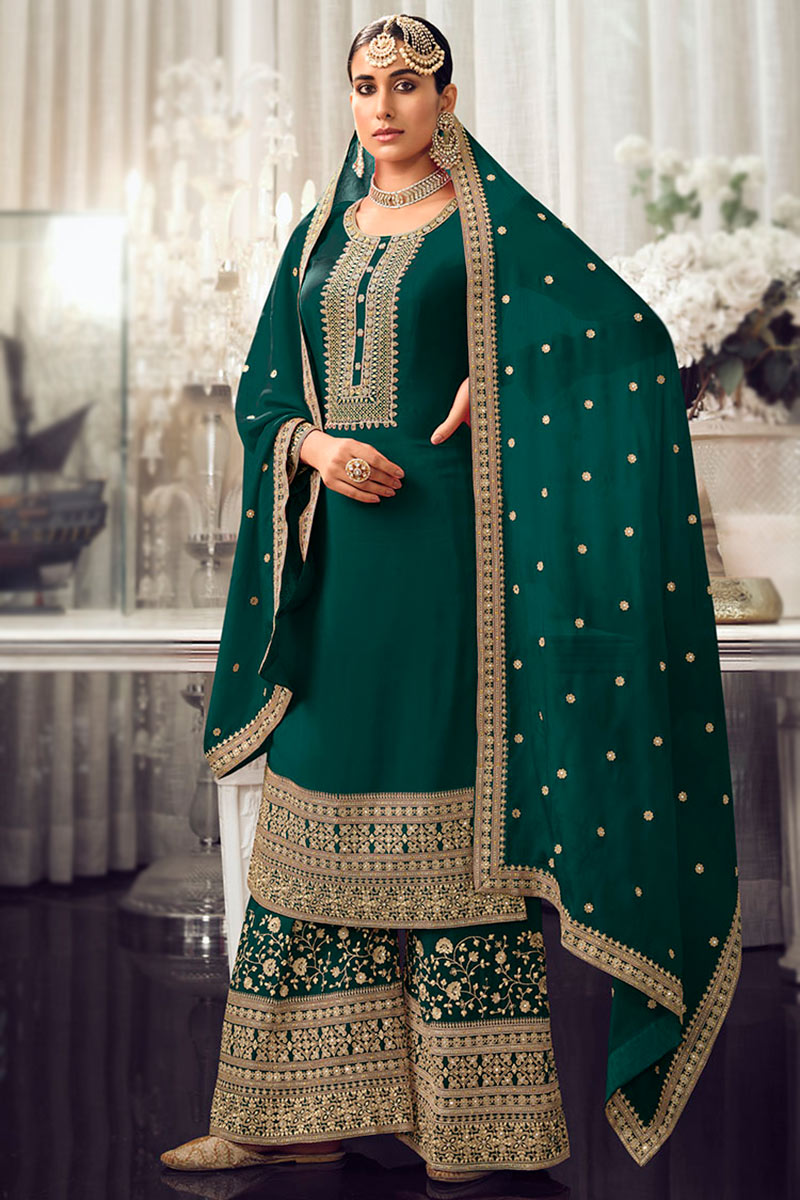 Trendy Green Color Salwar Kameez Plazzo Suit With Embroidery Work For Religious Ceremonies