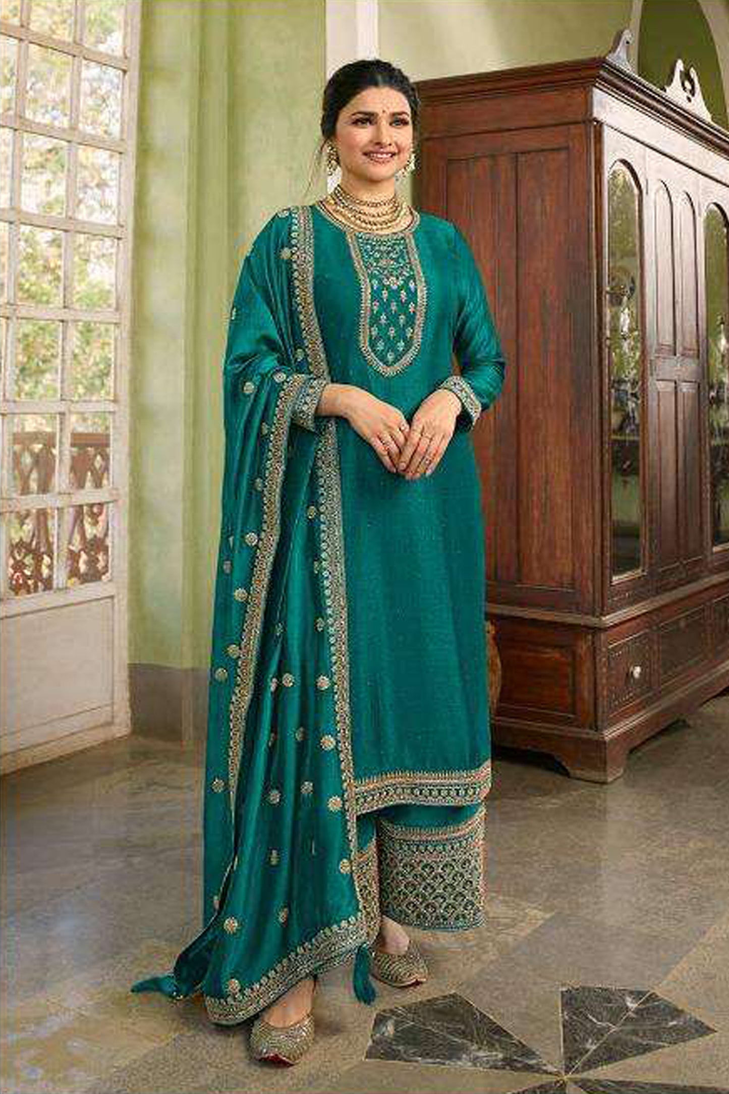 New Teal Color Embroidery Work Palazzo For Indian Party-Reception