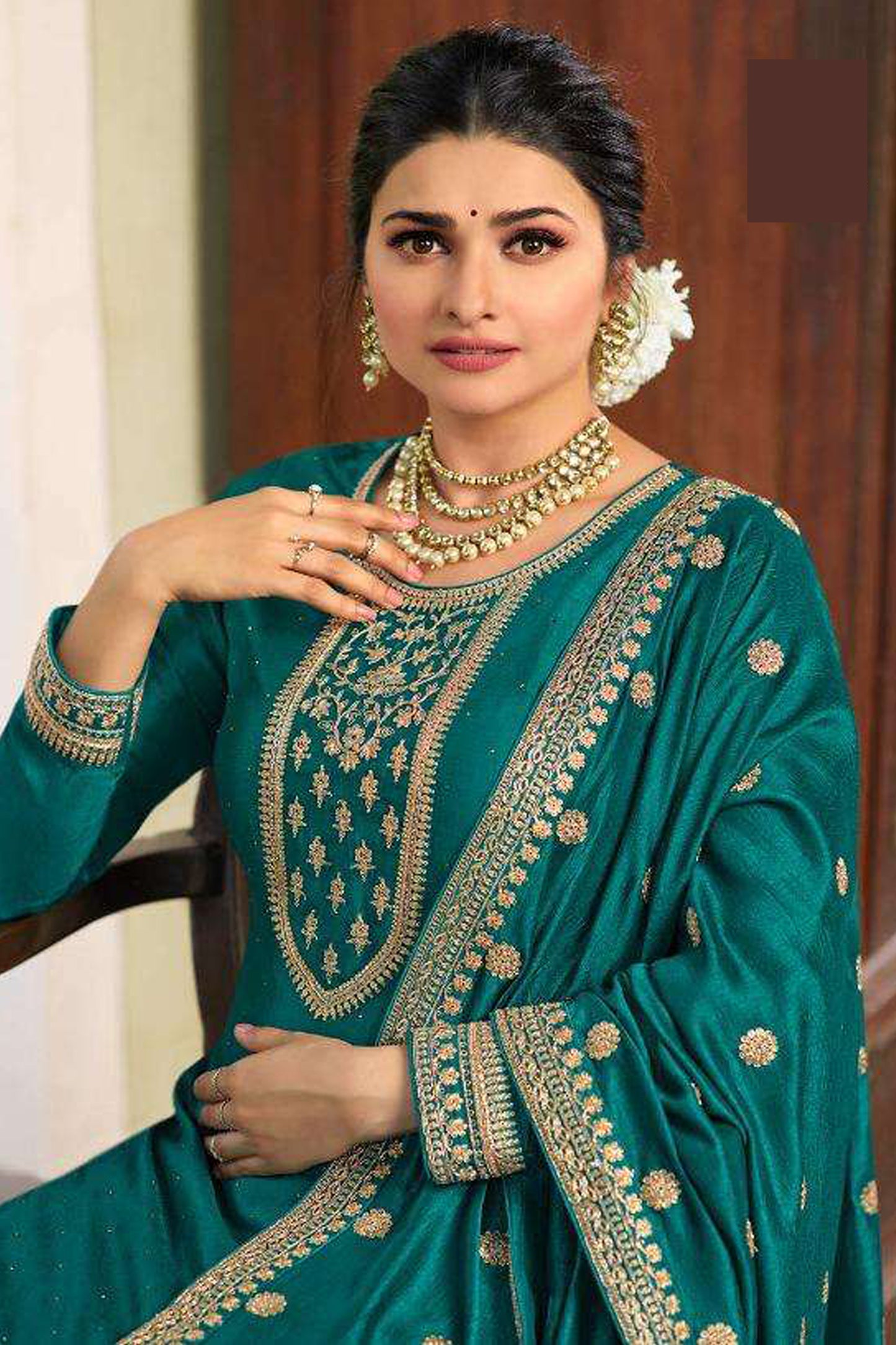 New Teal Color Embroidery Work Palazzo For Indian Party-Reception