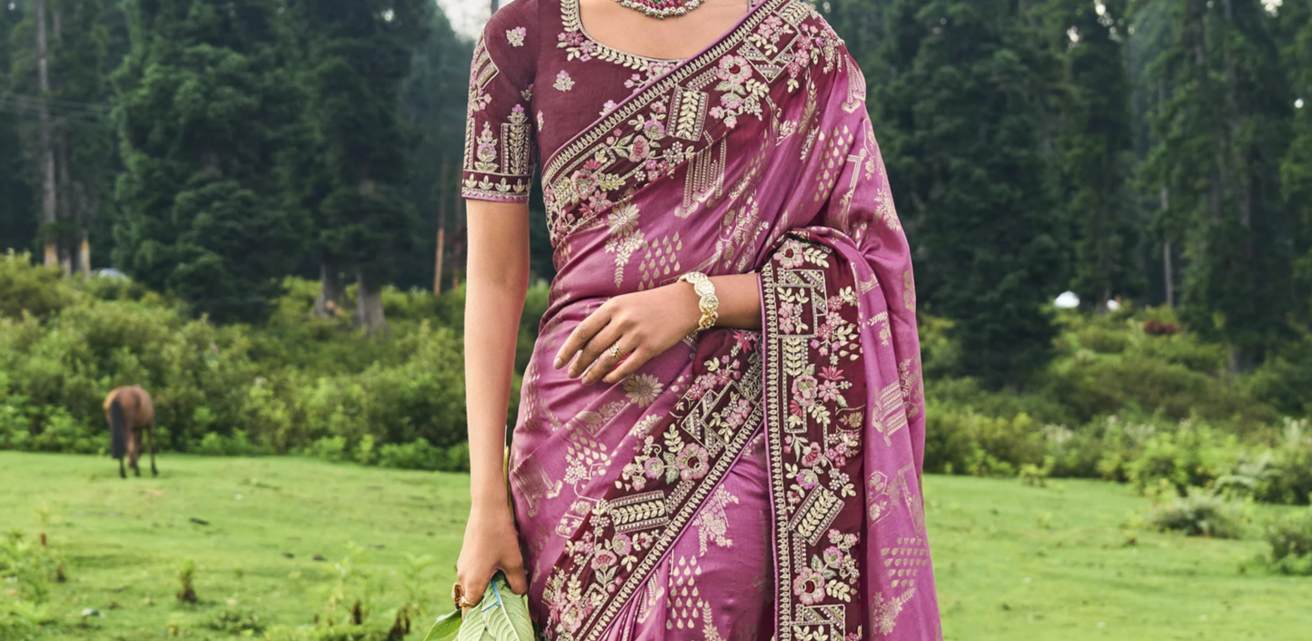 Brown & Pink Dola Silk Saree with Embroidery for Sangeet Night