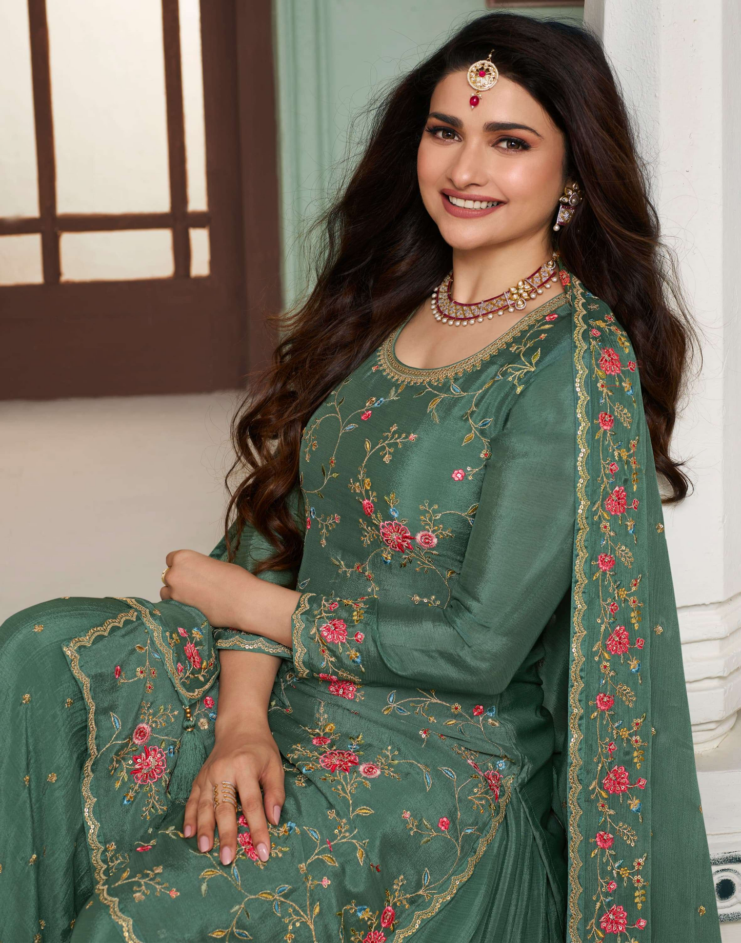 Green Ethnic Party Wear Embroidered Salwar Kameez Palazzo with Dupatta