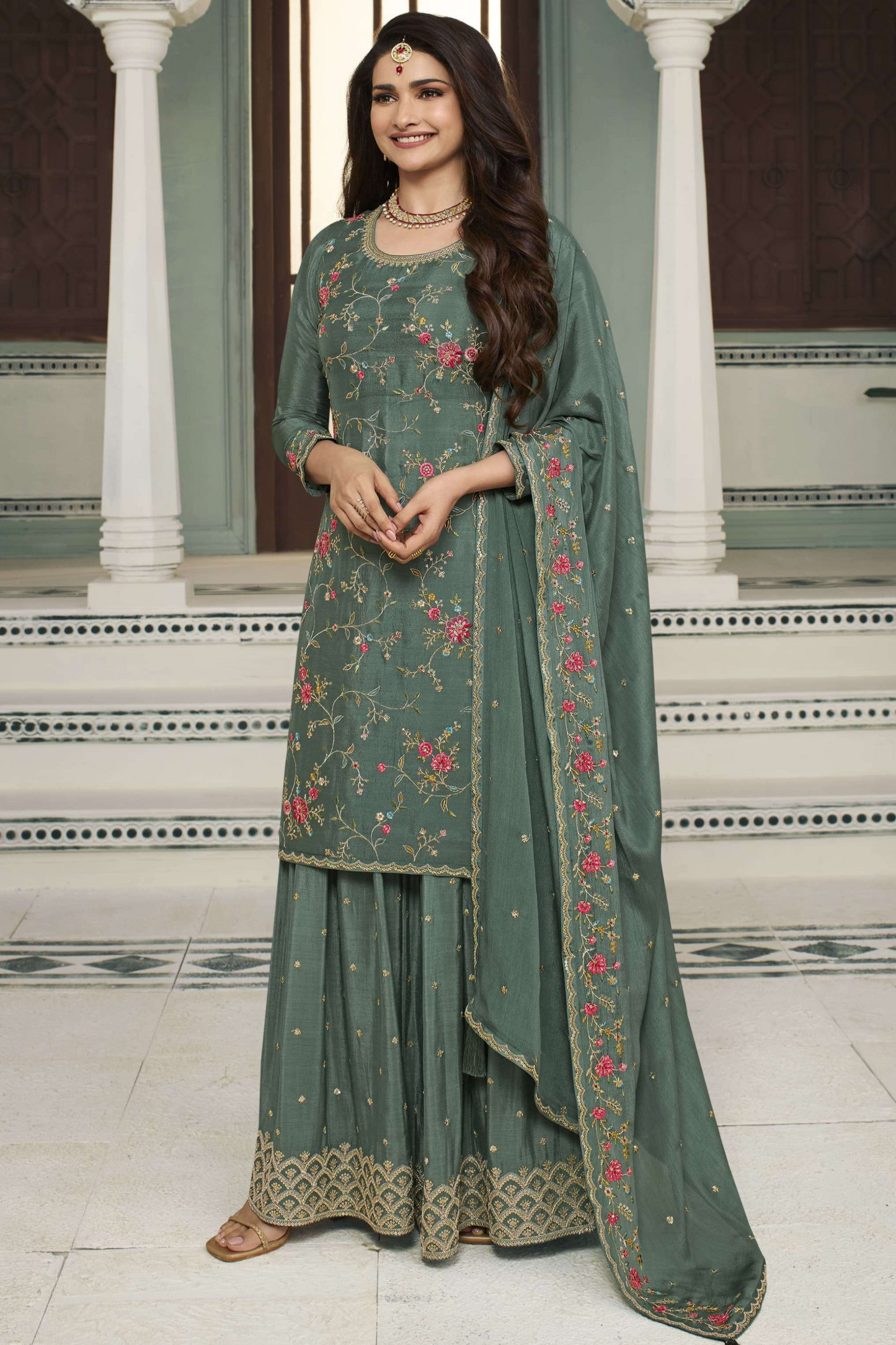 Green Ethnic Party Wear Embroidered Salwar Kameez Palazzo with Dupatta