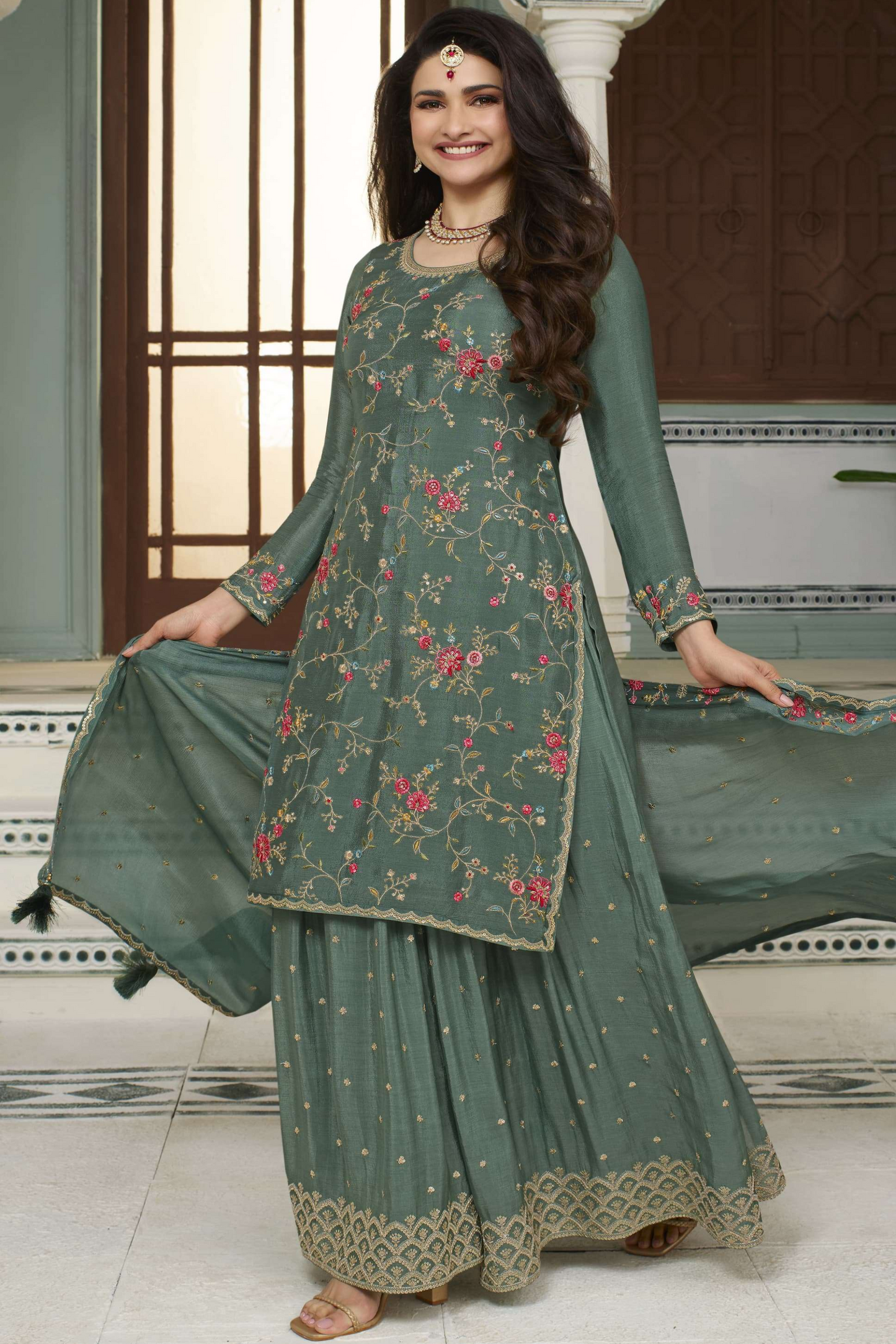 Green Ethnic Party Wear Embroidered Salwar Kameez Palazzo with Dupatta