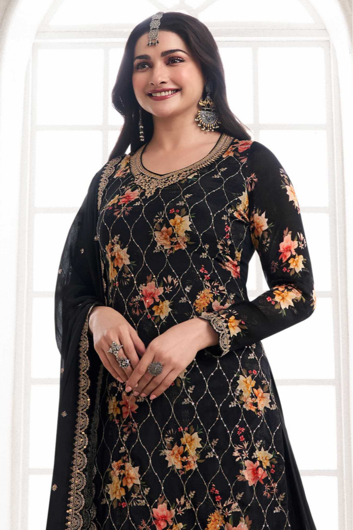 Black Chinon Silk Embroidered Ethnic Party Wear Salwar Kameez Palazzo