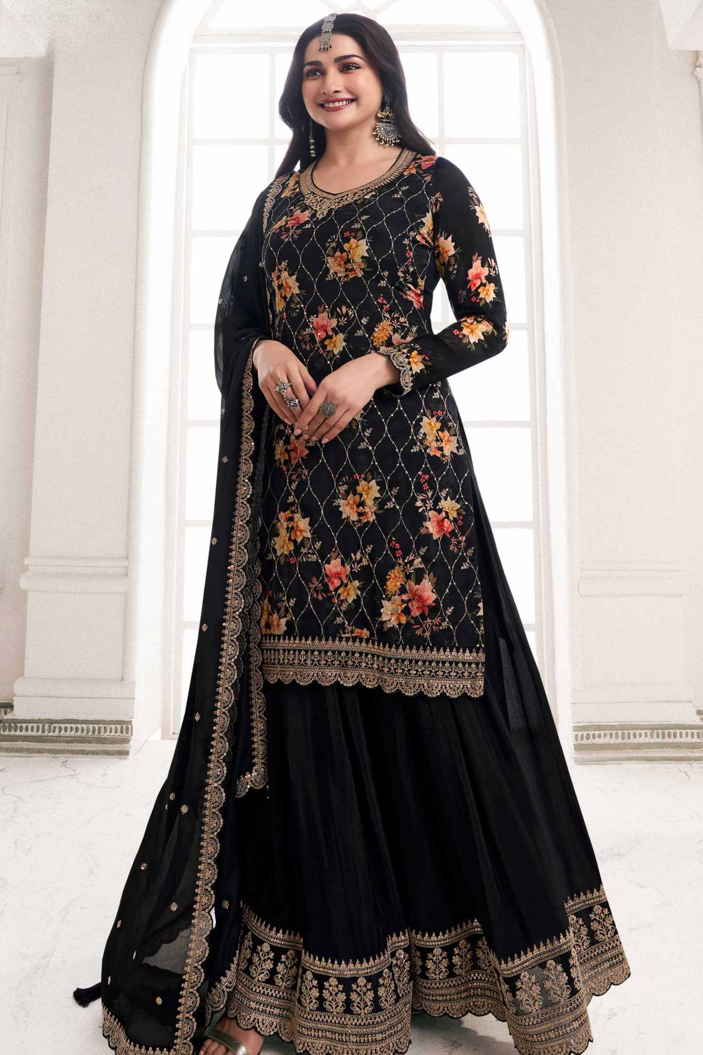Black Chinon Silk Embroidered Ethnic Party Wear Salwar Kameez Palazzo