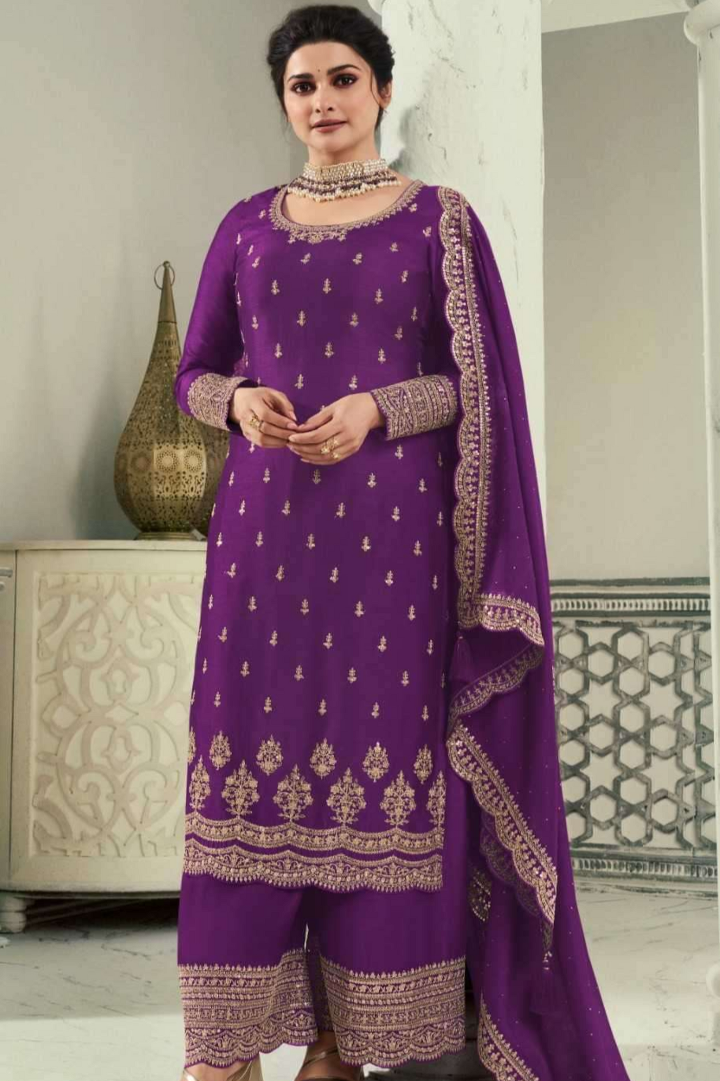 Purple Ready-to-Wear Ethnic Party Salwar Kameez Palazzo with Dupatta