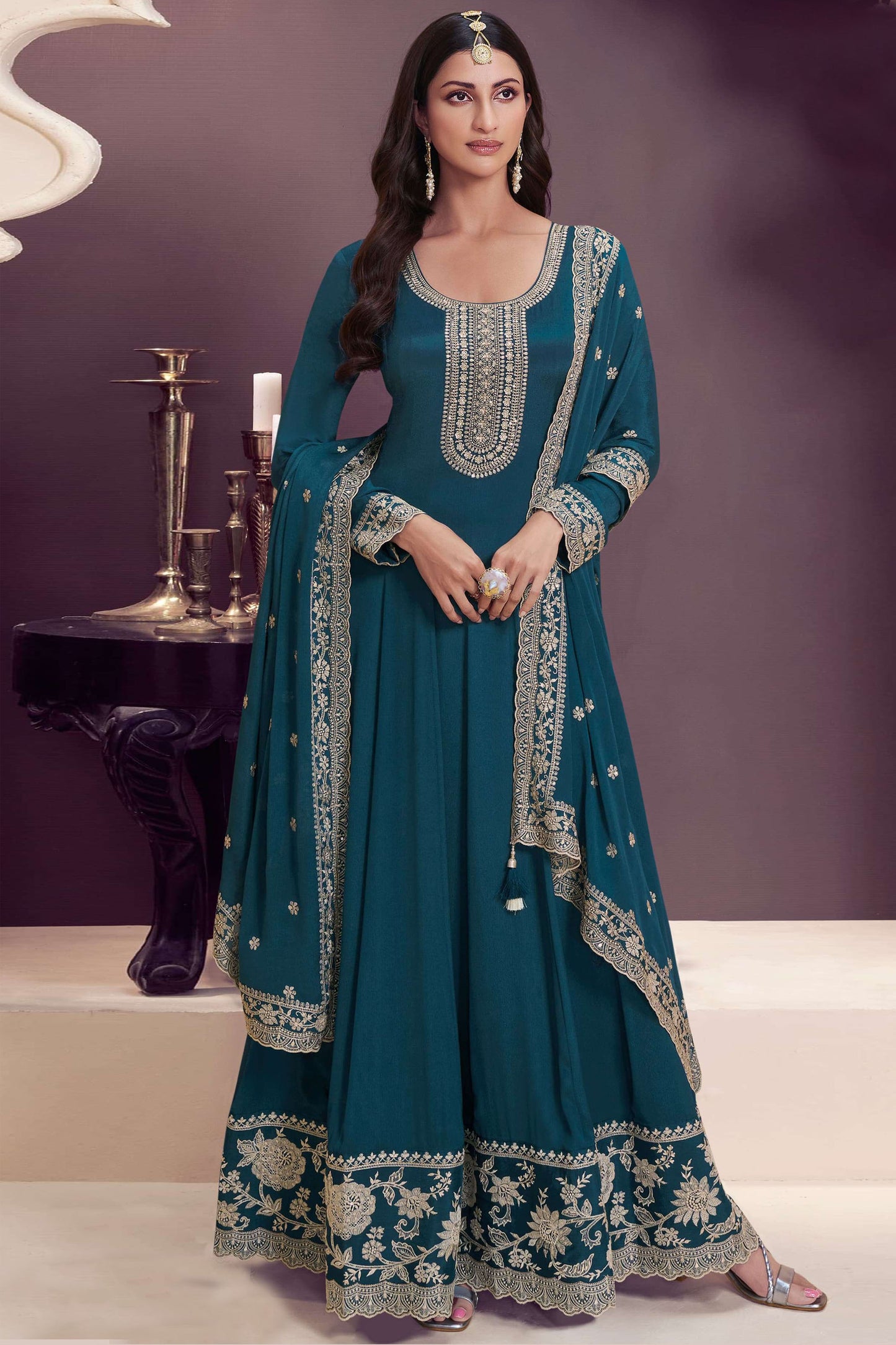 New Teal Blue Designer Embroidered Indian Traditional Anarkali Gown