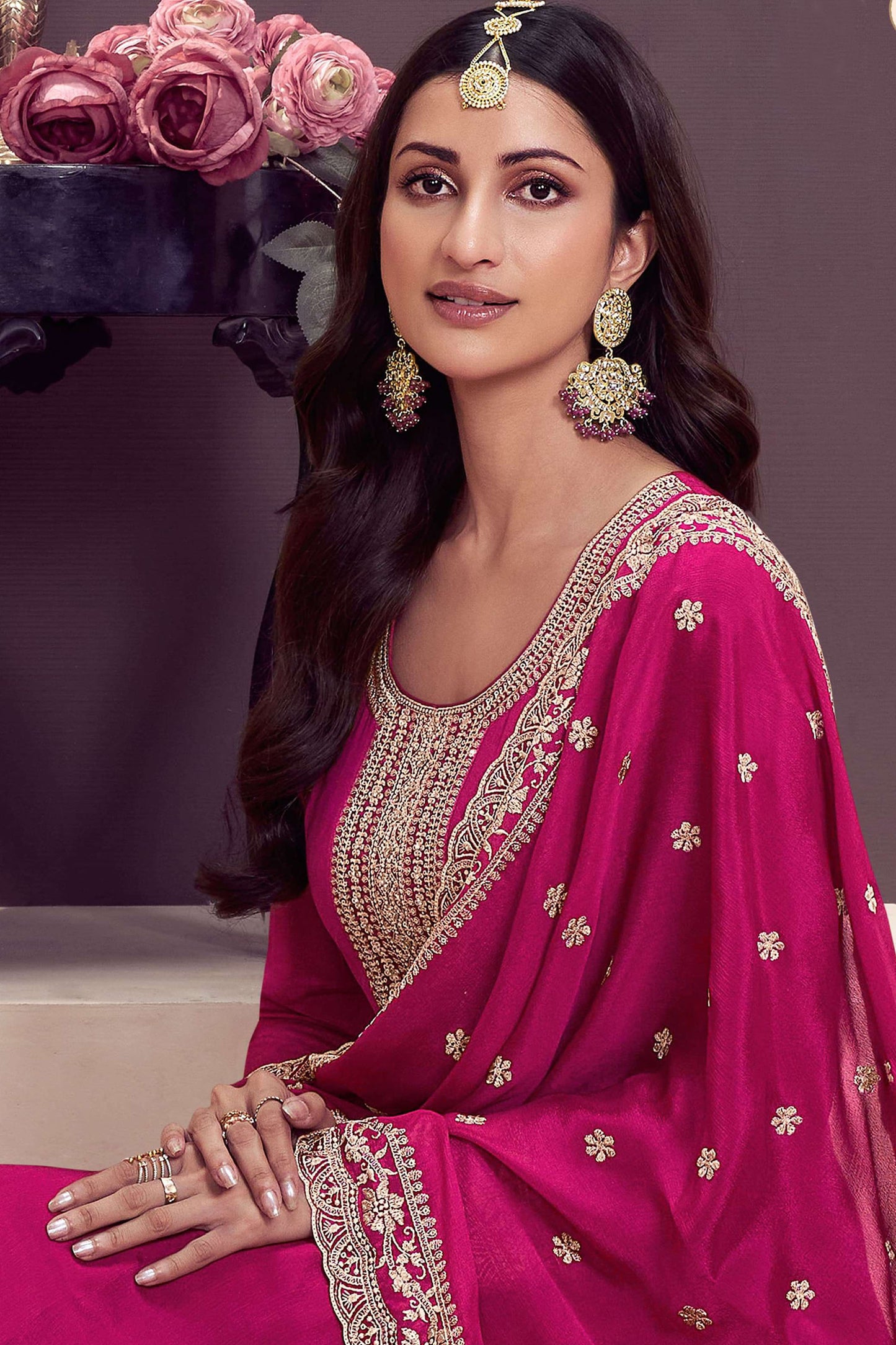 Exclusive Pink Designer Chinnon Fabric Anarkali Gown with Dupatta