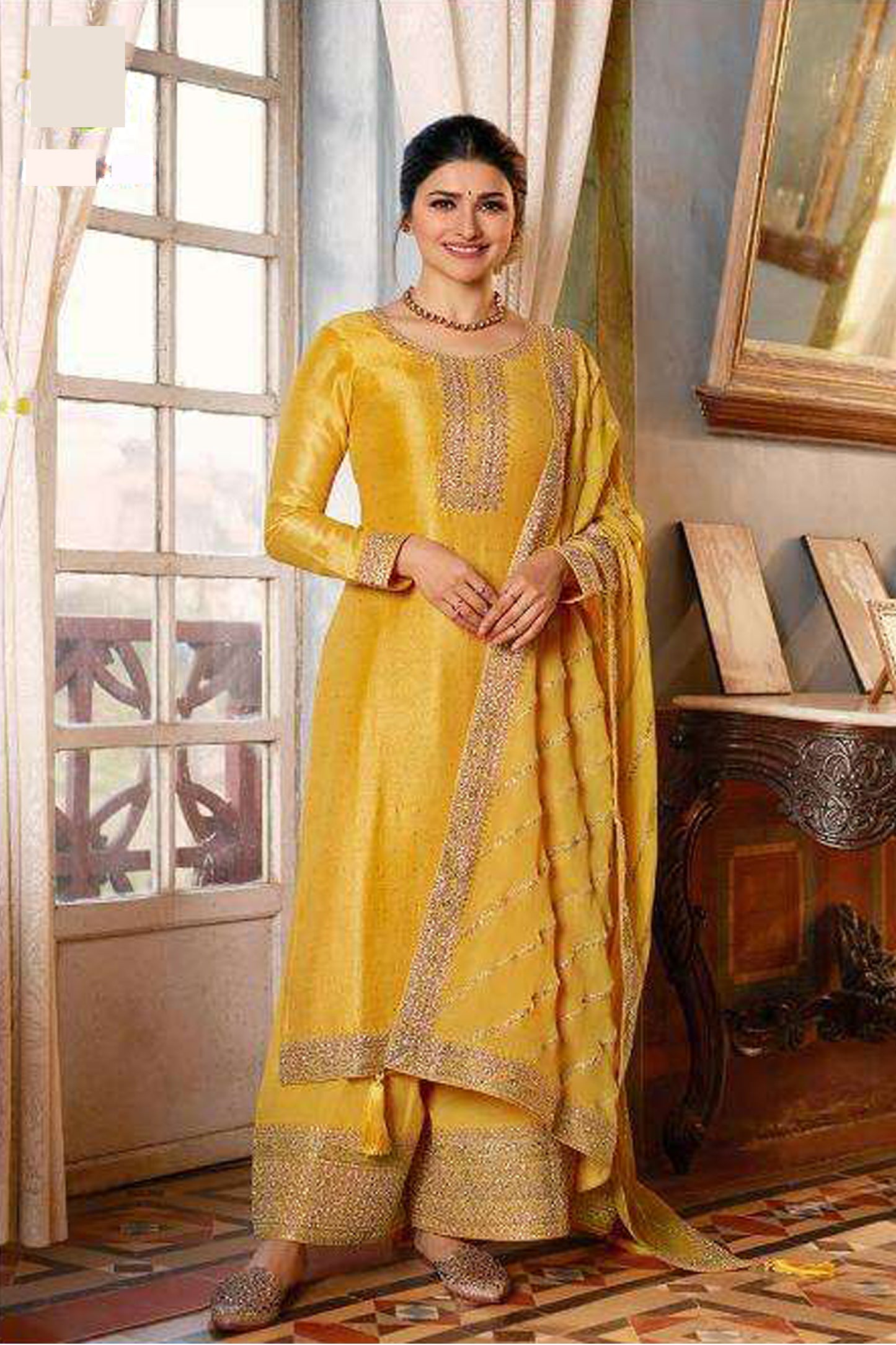 Yellow Silk Georgette Plazzo Suit For Indian-Pakistan Wedding