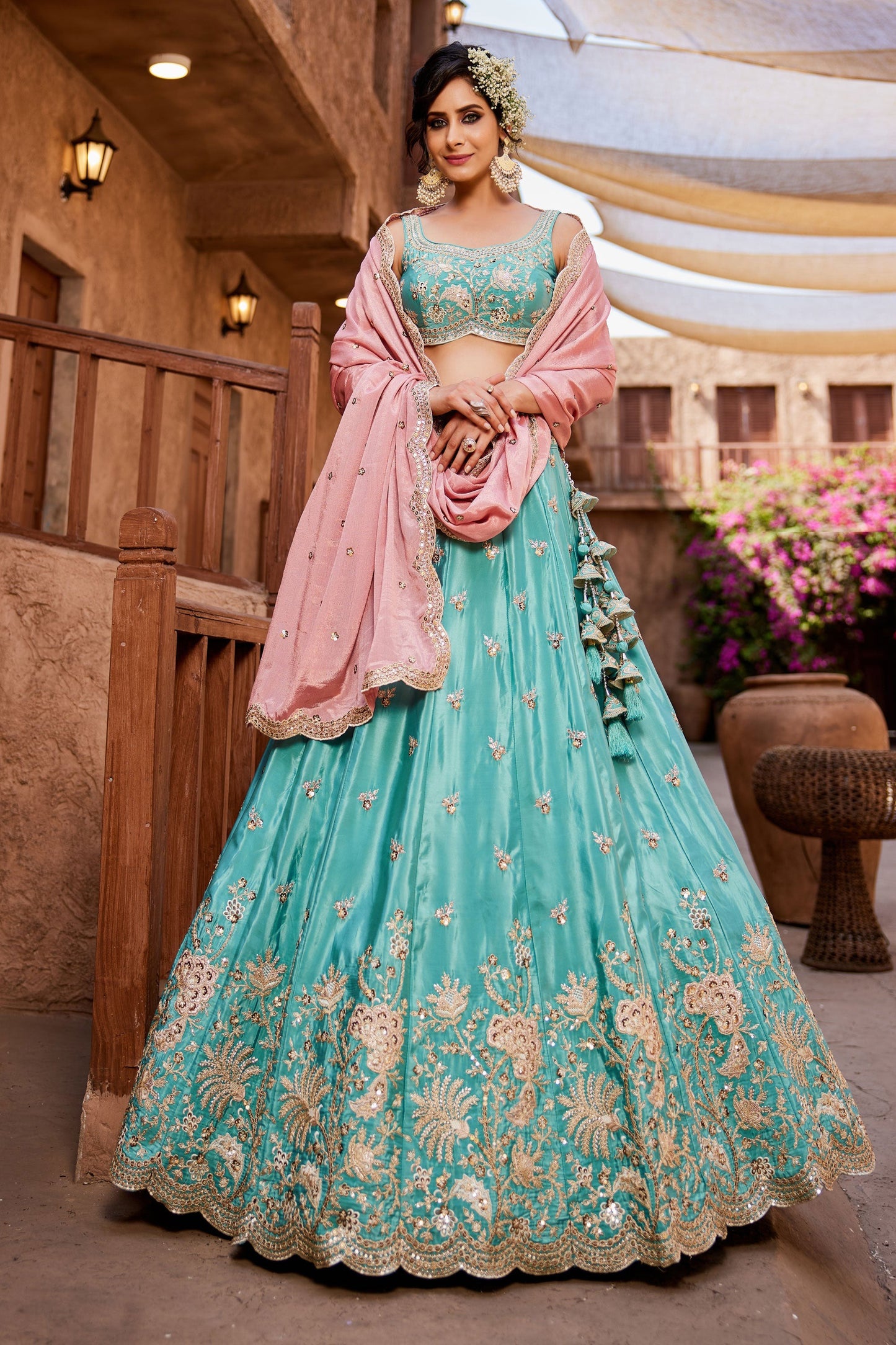 Exclusive Designer Sky Blue Tissue Fabric Lehenga Choli With Pink Dupatta