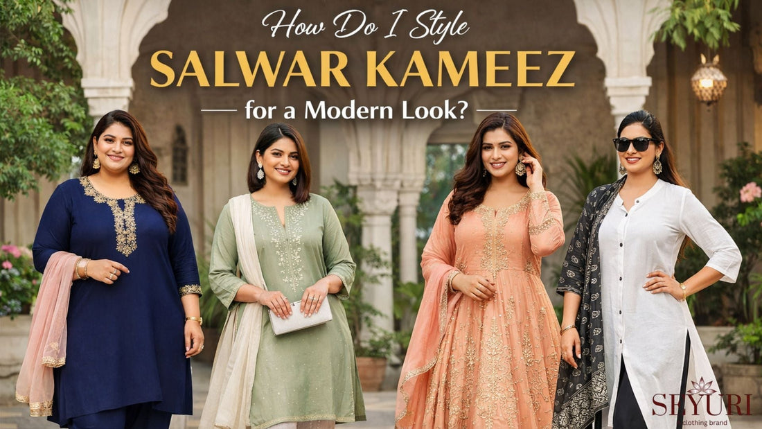 Women of different body sizes wearing modern Salwar Kameez styles, including plus size outfits up to 10XL, styled in contemporary ethnic fashion