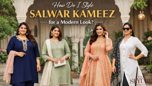 Women of different body sizes wearing modern Salwar Kameez styles, including plus size outfits up to 10XL, styled in contemporary ethnic fashion