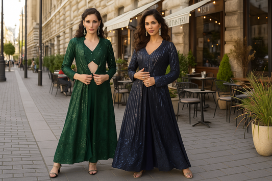 Two women wearing luxurious sequin long jacket-style sharara suits in emerald green and navy blue, posing stylishly on a European street café background