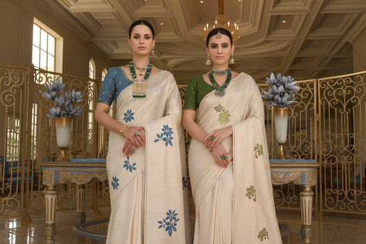 Elegant ivory embroidered silk sarees styled by two models in a royal palace interior, featuring blue and green floral motifs and traditional jewelry