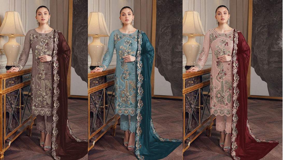 Elegant embroidered salwar suit set displayed in three colors—taupe, teal, and blush pink—featuring intricate detailing and matching dupattas