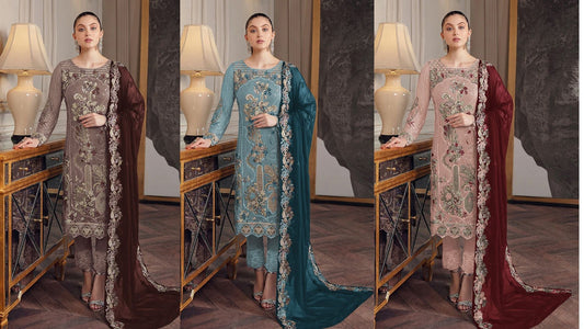 Elegant embroidered salwar suit set displayed in three colors—taupe, teal, and blush pink—featuring intricate detailing and matching dupattas