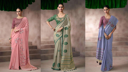 Lavender-grey saree with floral thread embroidery and striped pallu for evening functions.