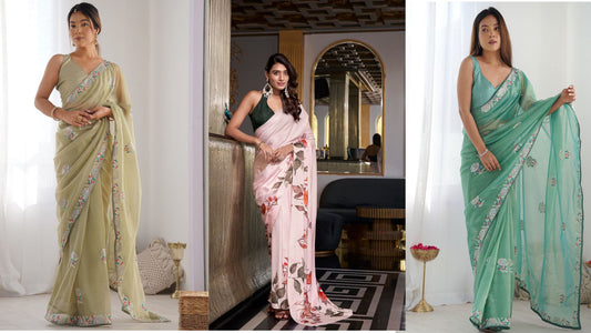 Lavender saree with floral work styled for a modern ethnic look