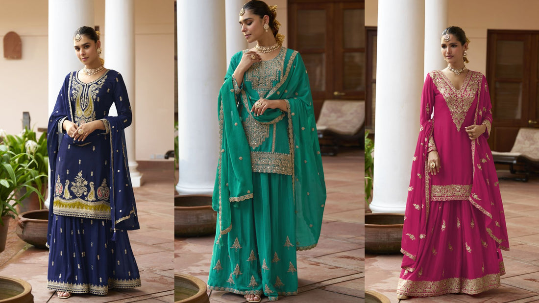 Elegant Punjabi sharara suit collection featuring navy blue, teal green, and rani pink embroidered outfits perfect for festivals and weddings abroad