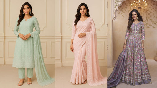 Woman wearing a soft pastel embroidered anarkali gown with floral detailing, perfect for 2025 festive and wedding fashion.