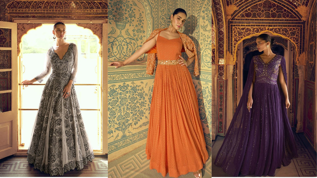 Three women pose in intricately designed floor-length gowns black and white floral, glowing orange, and royal purple set against opulent palace interiors that highlight luxurious craftsmanship and regal detailing