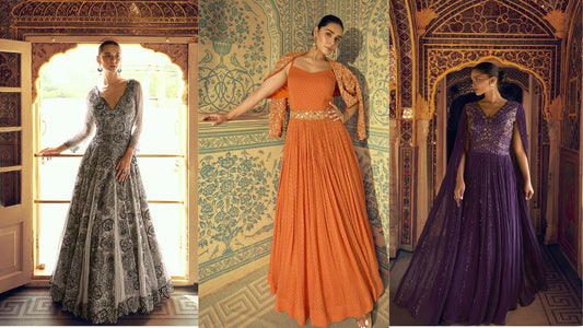 Three women pose in intricately designed floor-length gowns black and white floral, glowing orange, and royal purple set against opulent palace interiors that highlight luxurious craftsmanship and regal detailing