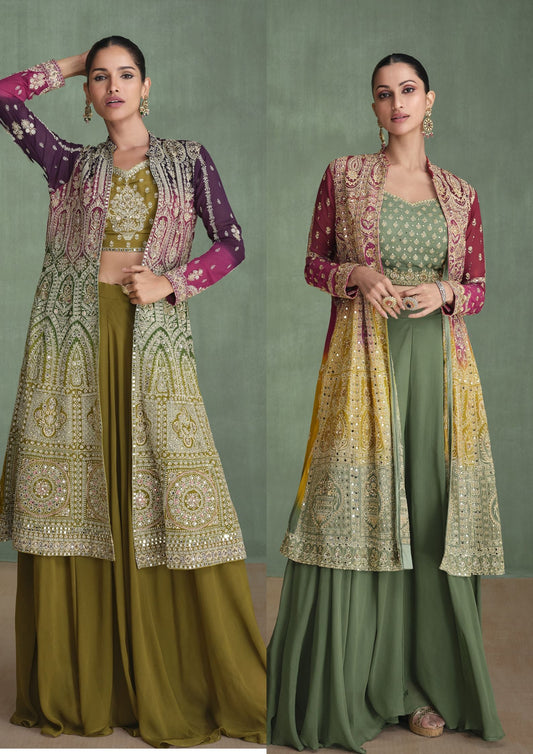 Two models wearing heavily embroidered ombré long jacket sets in wine, magenta, yellow, and green tones paired with elegant crop tops and flowing palazzo pants