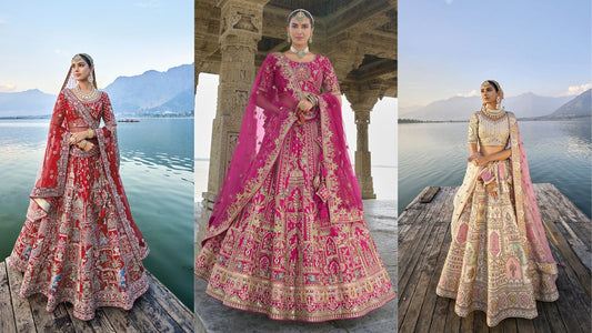 Bride in a magenta lehenga with rich gold embroidery posing beneath carved stone architecture