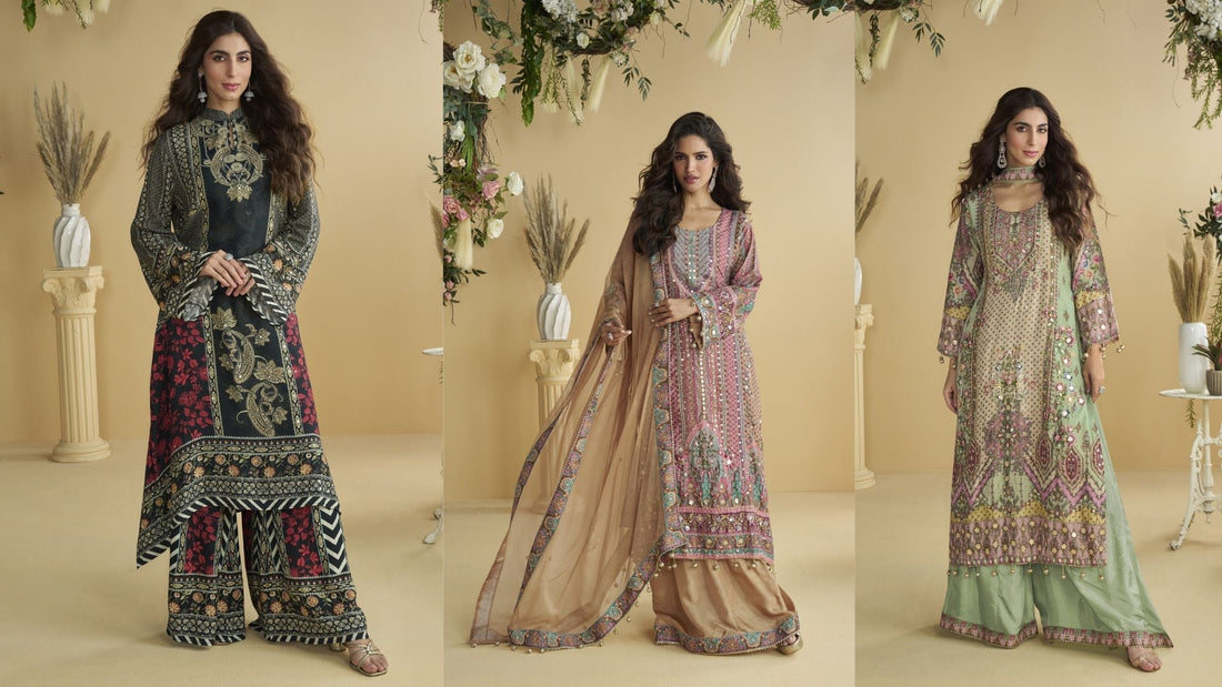 “Premium embroidered Eid palazzo suits for women luxury Indian/Pakistani ethnic wear for NRI shoppers.