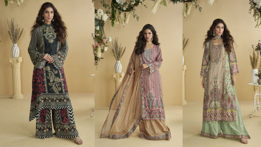 “Premium embroidered Eid palazzo suits for women luxury Indian/Pakistani ethnic wear for NRI shoppers.