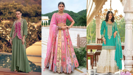 Woman wearing a red embroidered traditional outfit with salwar-style trousers and matching dupatta, styled with ethnic jewellery against a neutral background