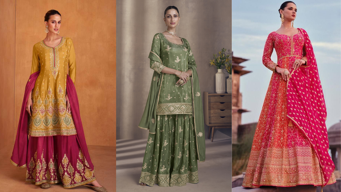 Plus-size Indian ethnic outfits displayed in a royal palace setting featuring a pink embroidered Anarkali gown, green sharara suit, and mustard palazzo set – premium festive and wedding wear by Seyuri