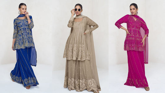 Designer sharara suits for women in royal blue, taupe, and magenta with heavy embroidery, peplum kurti style, festive Indian ethnic wear for weddings and NRI celebrations