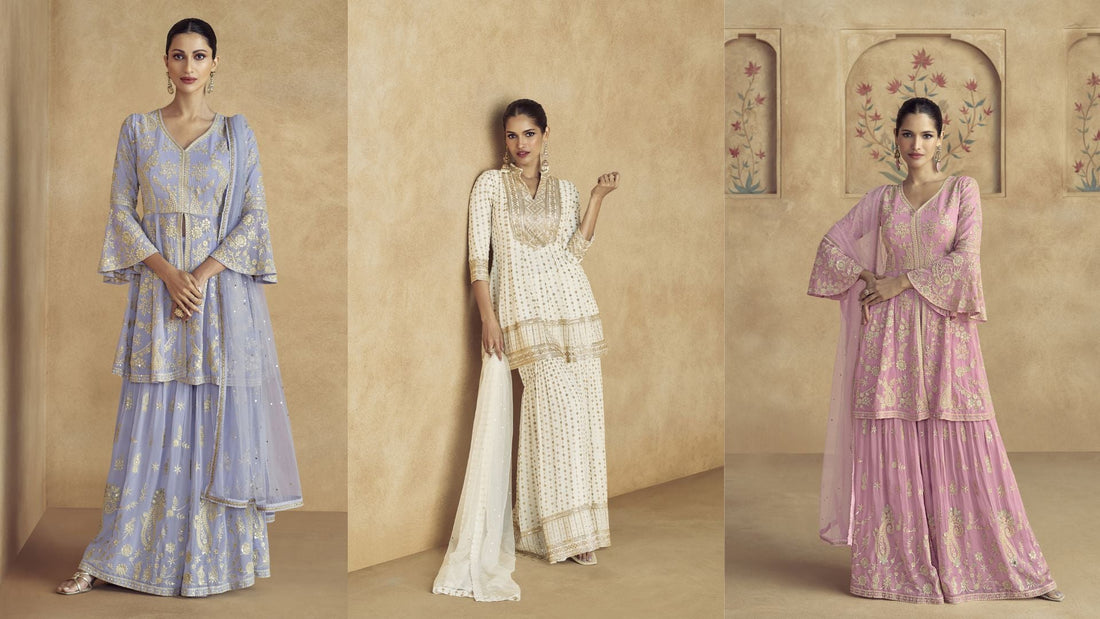 Designer sharara suits for women in lavender, cream, and pastel pink with intricate gold embroidery, festive ethnic wear perfect for weddings, parties, and luxury fashion