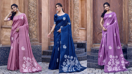 Collage of three models wearing pink, navy blue, and lilac woven silk sarees with delicate floral motifs, showcasing premium traditional Indian silk fashion perfect for weddings, festivals, and elegant ethnic styling