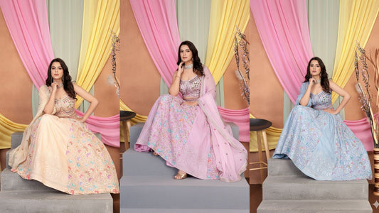 Plus-size embroidered lehenga collection featuring beige, lilac, and blue floral designer lehengas with matching blouses and dupattas for modern Indian women