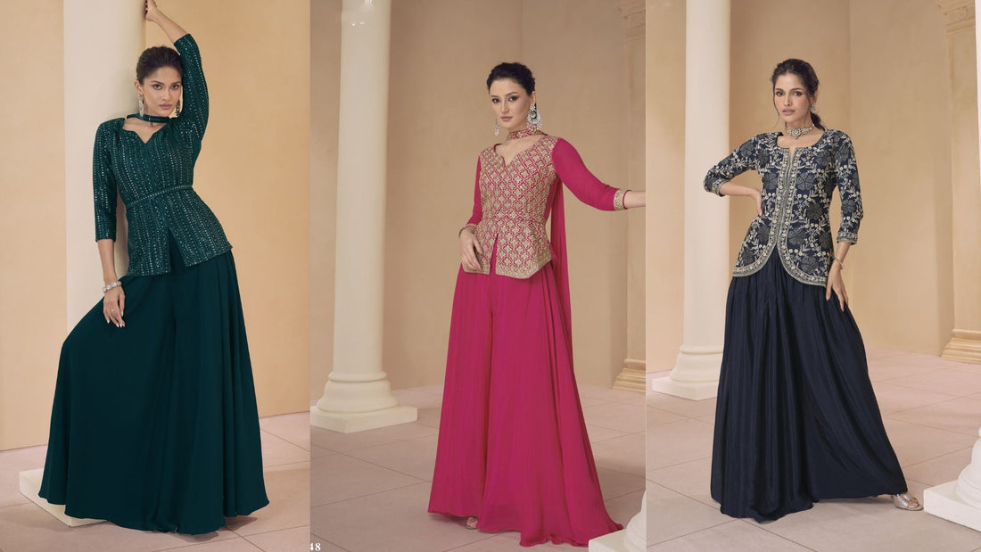 Designer Indo-Western palazzo sets for women in green, pink, and navy blue with embroidered jackets, festive party-wear ethnic fusion outfits perfect for weddings, receptions, and celebrations
